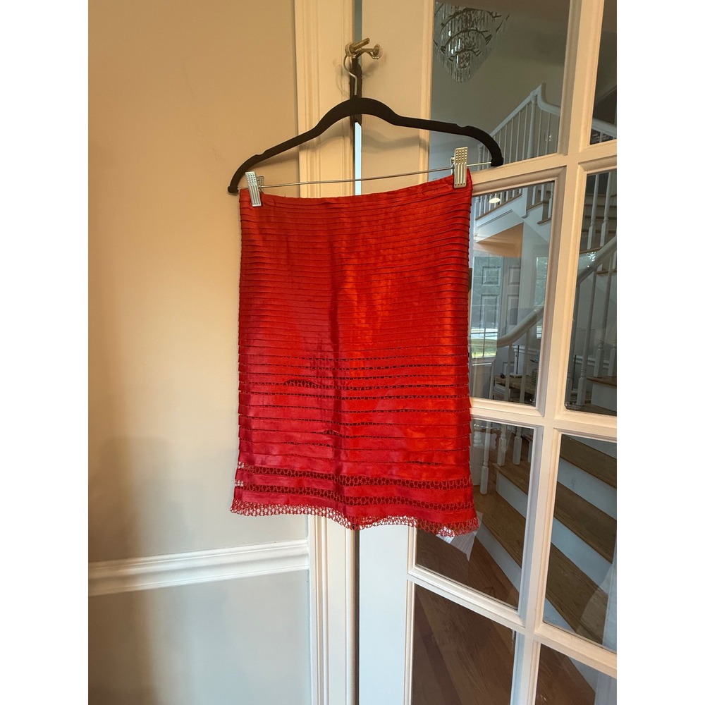 Vintage Tom Ford Red Bandage Tiered Mini Skirt Crochet Hem Made in Italy Size 36